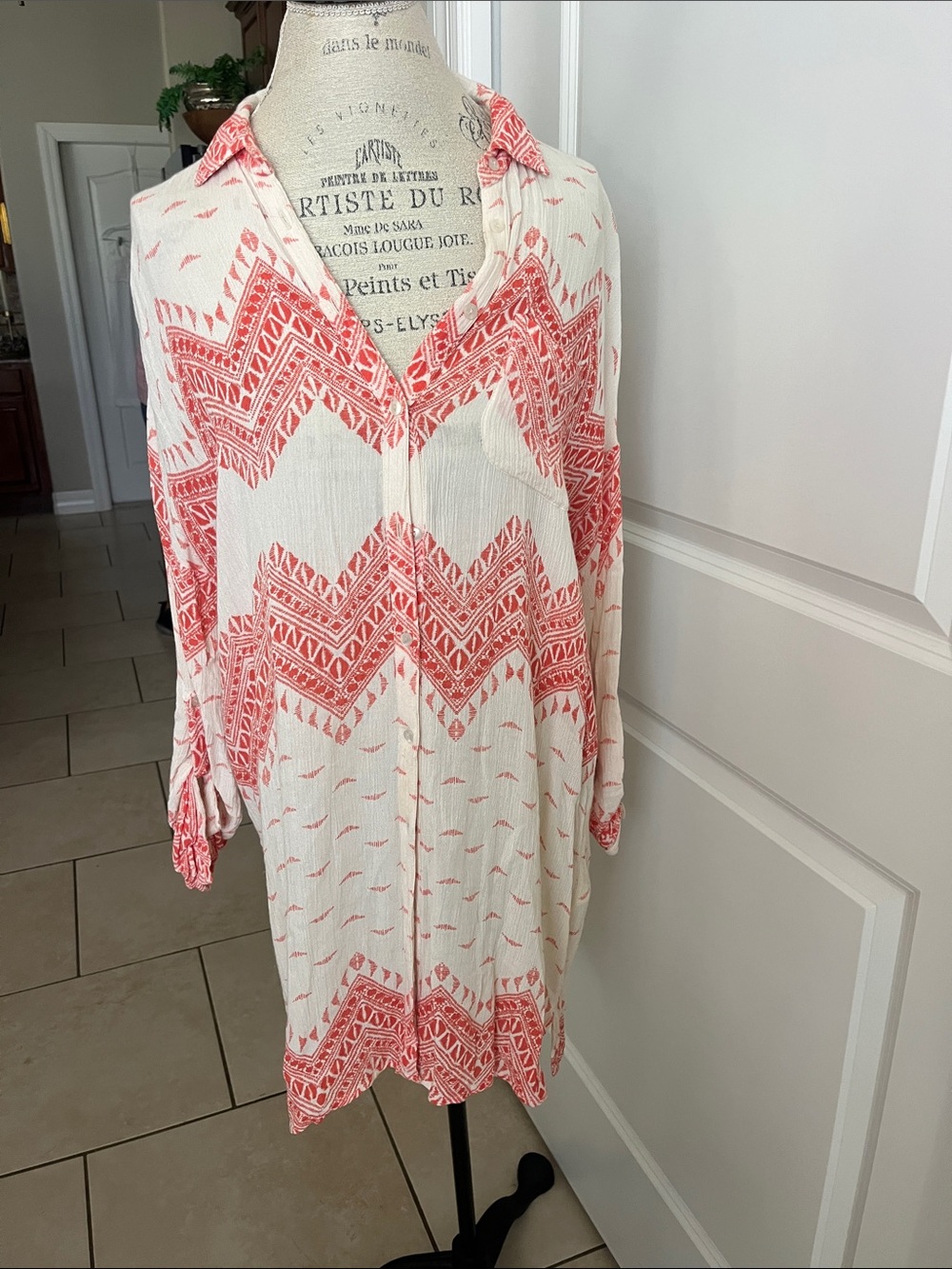 EUC Villa cream and pink Aztec style long button down, swim cover-up, medium